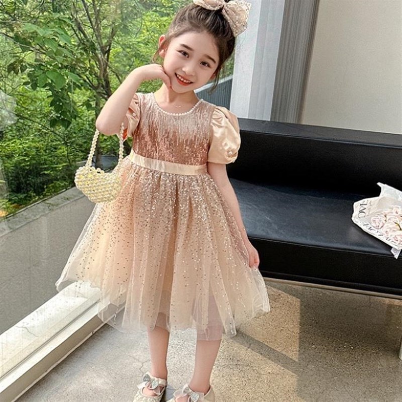 香槟色网纱裙2024夏季新款女童气质闪闪连衣裙香槟珍珠礼服裙女宝