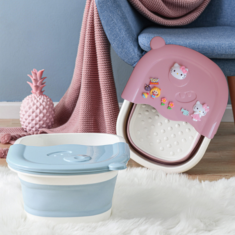 卡通可爱儿童塑料可折叠泡脚桶加高深桶家用带盖按摩足浴盆洗脚盆