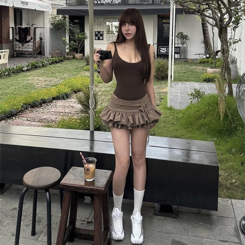 #Sisjuly#巧克少女田园风棕色U领吊带背心 抽绳褶皱半身裙套装女,女装/女士精品,时尚套装,淘宝优惠券,粉丝福利购,淘宝优惠卷