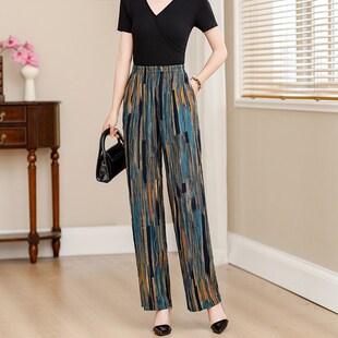 松紧腰加肥加大码 休闲棉绸裤 花裤 妈妈装 子 中老年女裤 九分裤 薄夏季