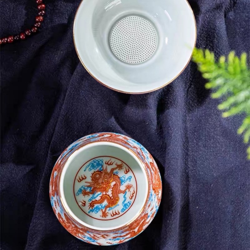 景德镇瓷器仿古青花瓷矾红五龙茶漏中式风过滤器茶滤茶室家用茶具