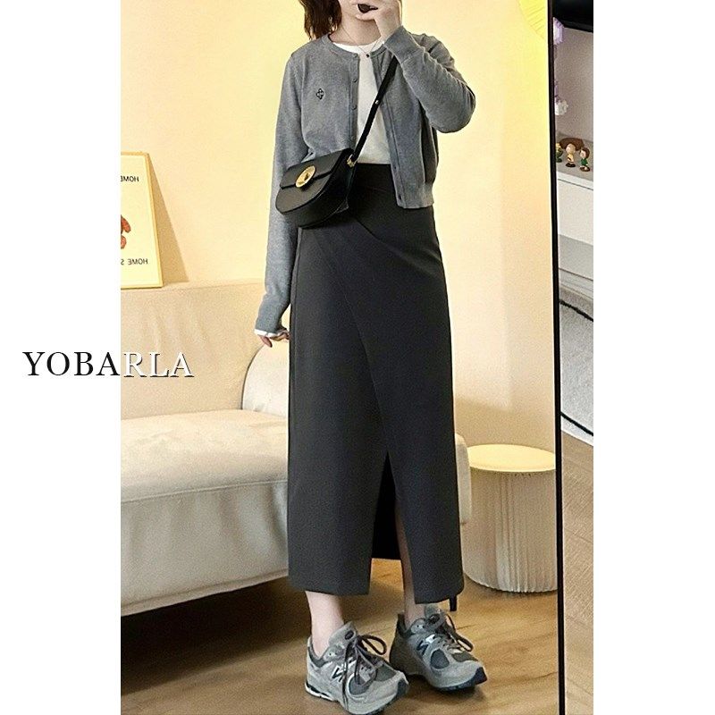 深灰色西装开叉休闲半身裙女春秋高腰大码显瘦胖mm中长款a字裙子