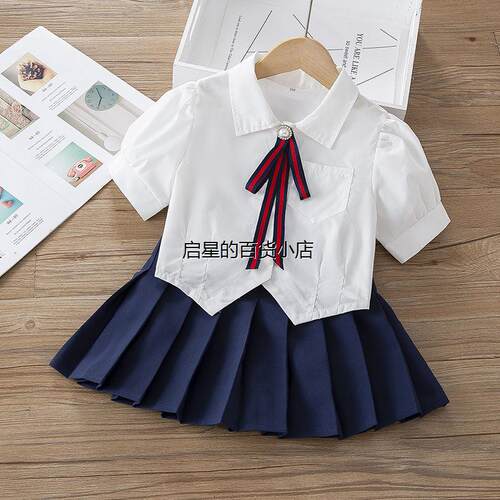 女童JK制服套装2025夏季新款短袖衬衫学院风娃娃领上衣灯笼袖白色