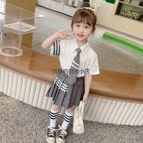 女童jk套装夏季新款王心凌同款儿童装学院风衬衫两件套宝宝百褶裙