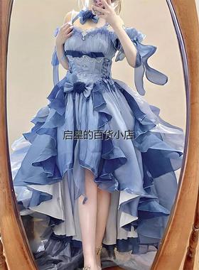 蓝色礼服lolita连衣裙华丽花嫁洋装洛丽塔重工蓬蓬拖尾公主裙