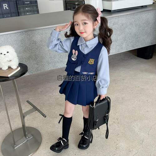 女童秋款百褶裙jk三件套学院套装2025儿童装宝宝新款兔子衬衫警官