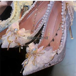 [樱]六芒星原创lolita手作lo鞋18岁成人礼细闪尖头水晶高跟鞋婚鞋