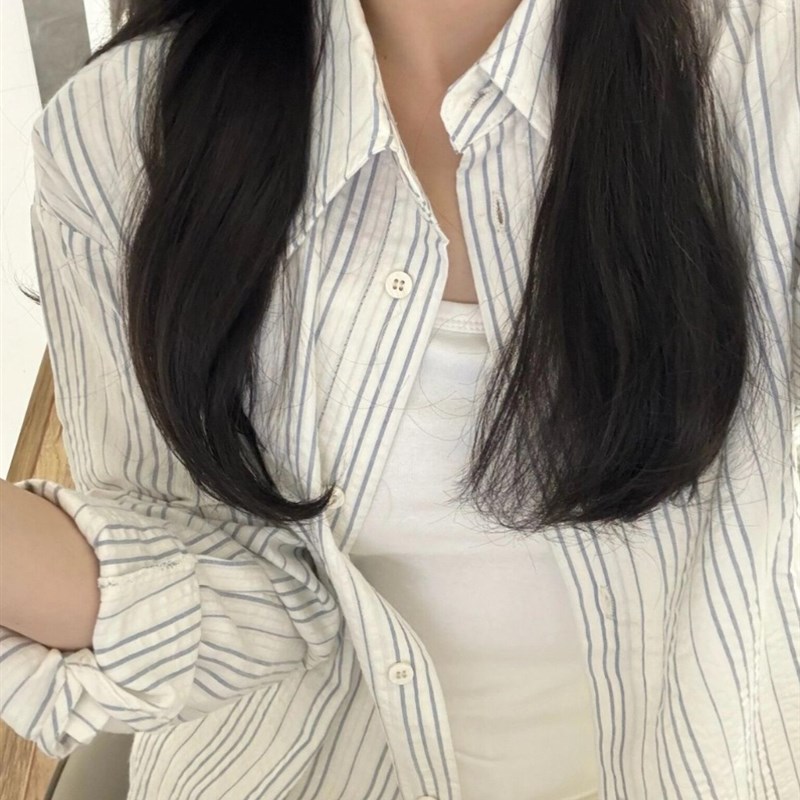 超好看纯棉白色条纹长袖衬衫女2024年新款开衫防晒衬衣宽松外套潮
