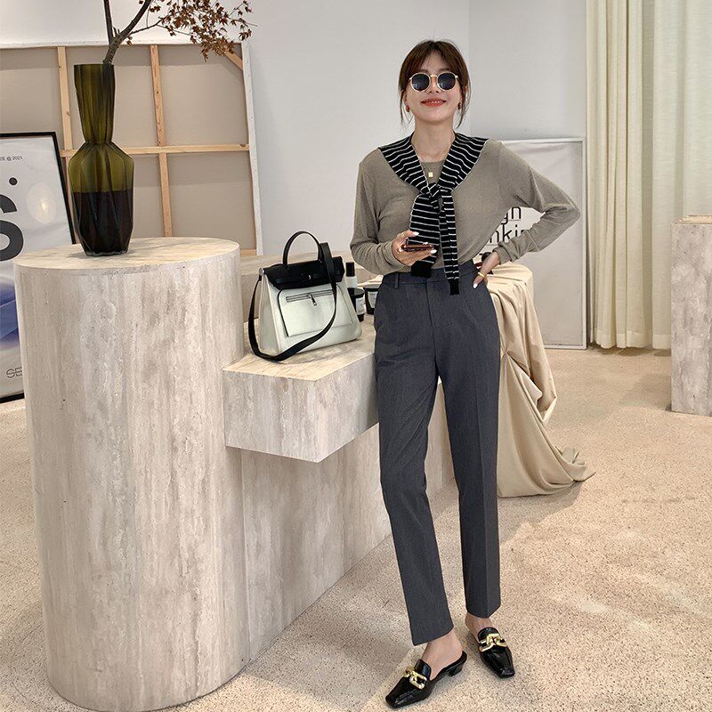 灰色西装裤女春秋直筒宽松黑色职业工作裤小个子九分休闲烟管裤夏