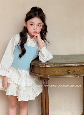 YFY女童春夏白色长袖衬衫连衣裙可爱公主纯棉蛋糕裙吊带背心套装