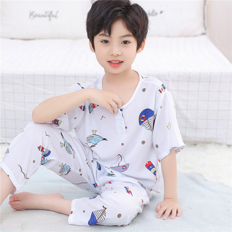 睡衣夏季棉绸小孩薄款宝宝女童男童中大童短袖儿童绵绸空调服套装