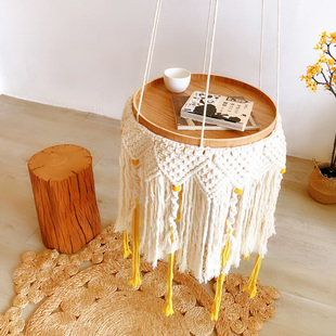北欧手工编织民宿收纳流苏边桌床头柜置物架空中吊饰茶几 艺术桌