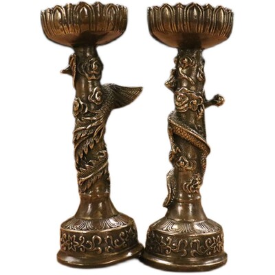 纯铜龙凤蜡台一对龙凤呈祥家居祠堂供奉装饰