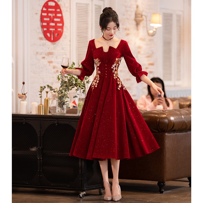 大码敬酒服新娘胖mm酒红色结婚小个子回门便装女订婚连衣裙高级感