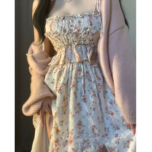 两件套装女秋装新款法式高级感褶皱碎花开叉吊带裙+粉色开衫毛衣