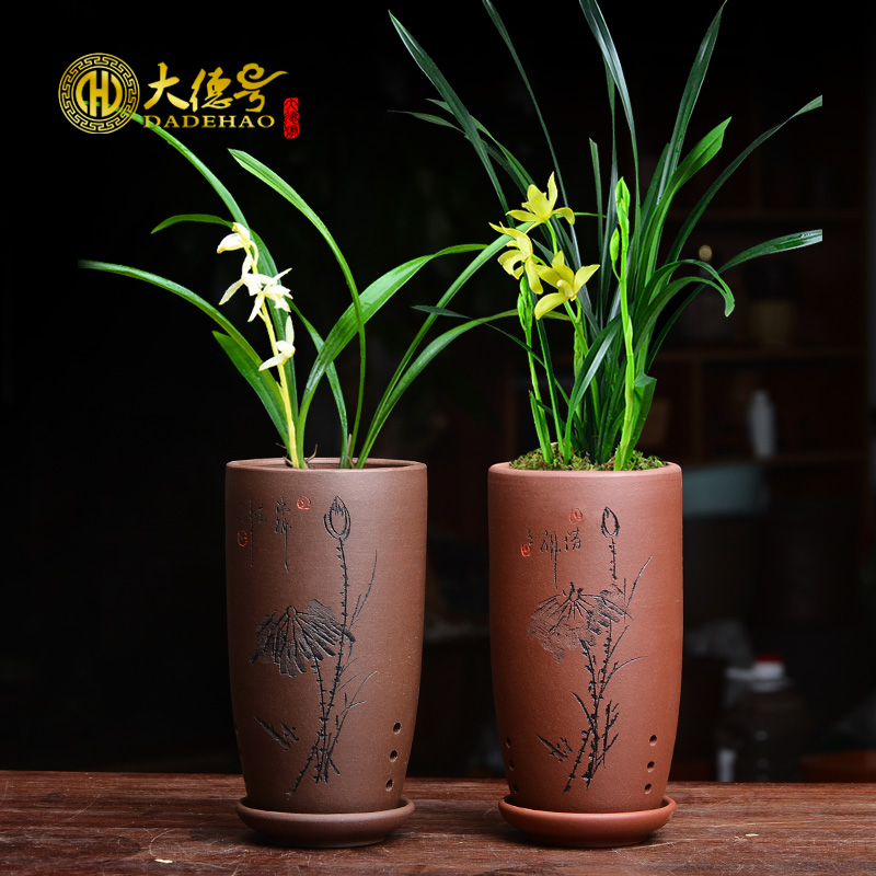 紫砂兰花盆精品盆栽绿植文竹花盆梅兰竹菊创意简约古典签筒花盆