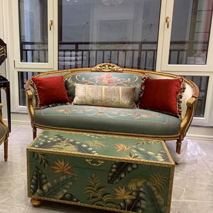 欧式复古古典实木榉木别墅墨绿色花朵典雅 棕色贴金箔单位沙发椅