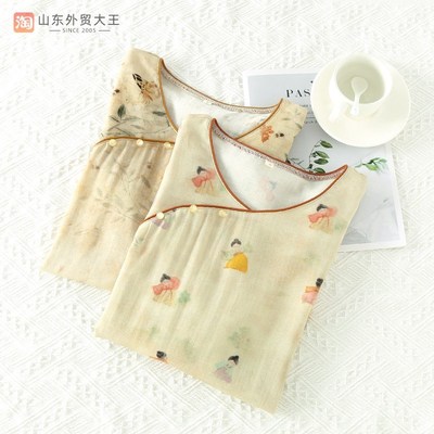 复古中式睡裙女士春秋夏季纯棉纱布长袖国风薄款宽松睡衣汉服裙子