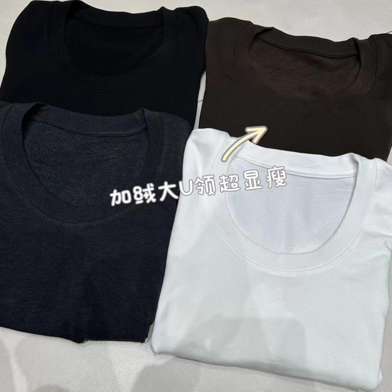 元熙8001低圆领露锁骨修身弹力打底衫女长袖T恤加绒内搭上衣秋冬