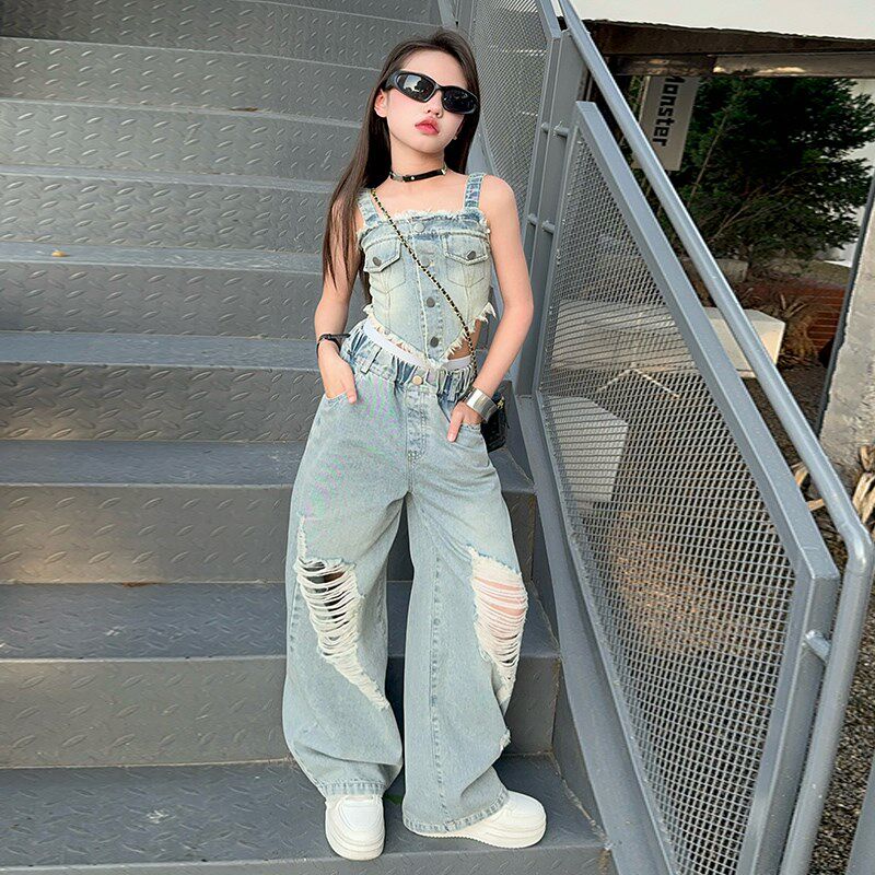 女童2024夏季复古牛仔套装港味吊带背心破洞阔腿长裤两件套中大童