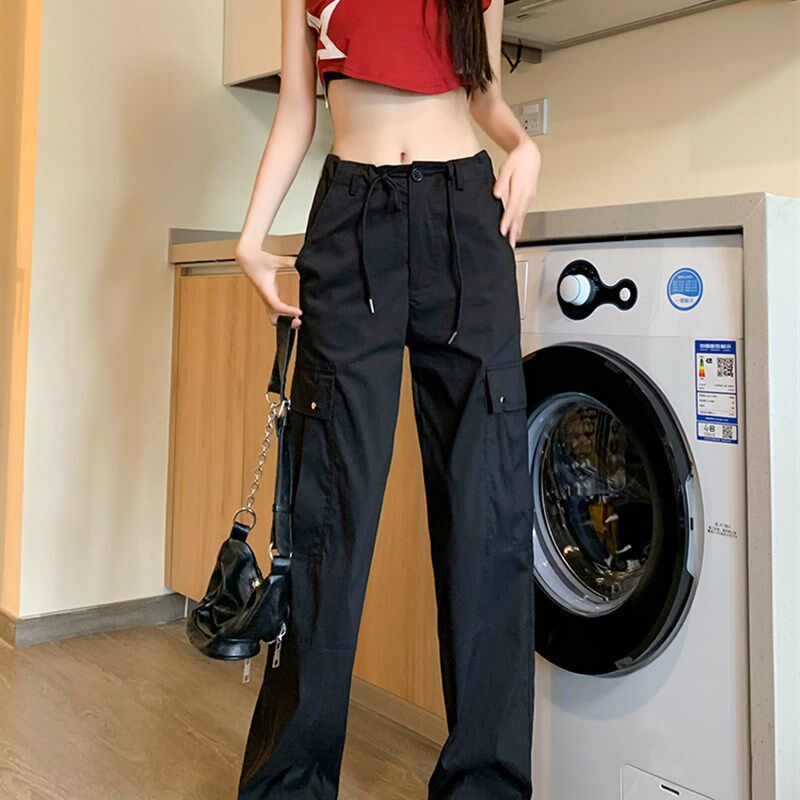 大码黑色抽绳美式工装裤女款显瘦梨型身材休闲裤子设计感女小众潮
