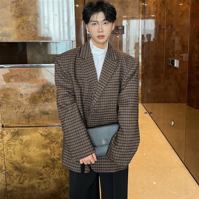 陈大富高级感廓形格子西装外套男休闲西服