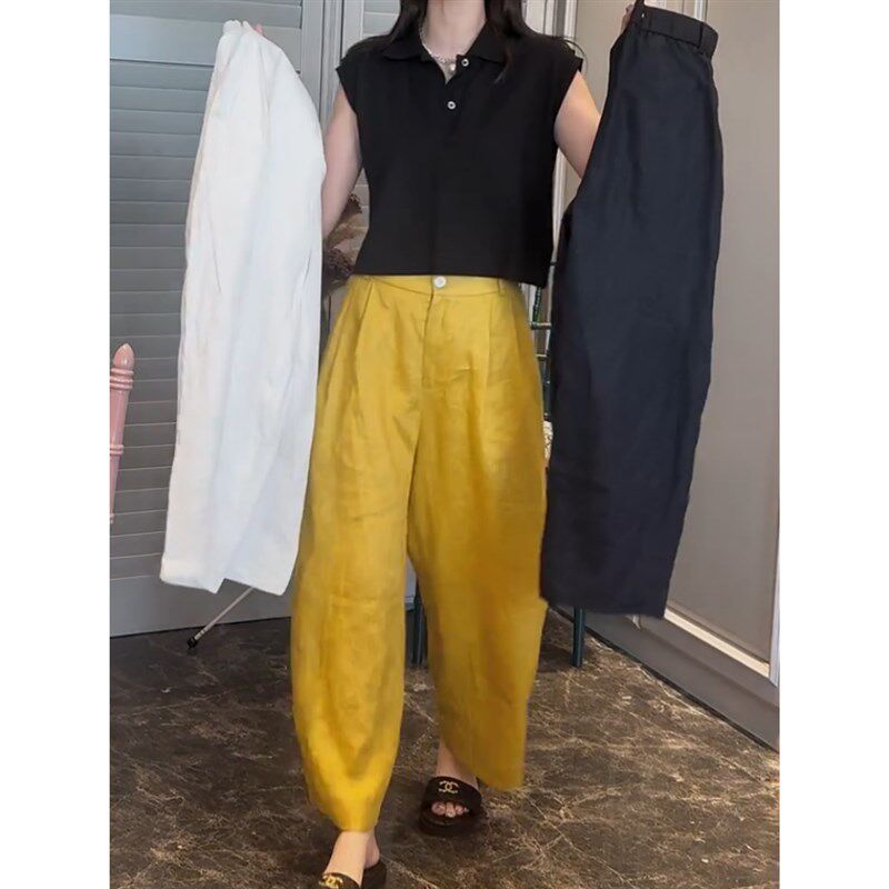 超火黄色亚麻裤休闲裤女2025年夏季裤子薄款阔腿裤九分直筒裤女款