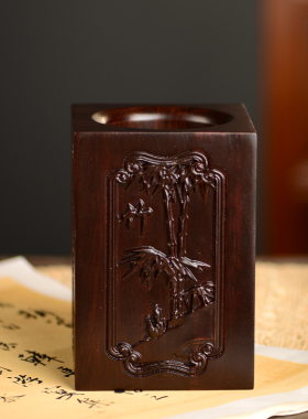 黑檀木雕梅兰竹菊笔筒工艺品办公室书桌家居客厅木质笔筒送礼