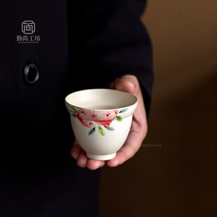 家用陶瓷品茗杯主人杯功X夫茶具小茶杯 诧寂风粉引手绘寿桃葫芦杯
