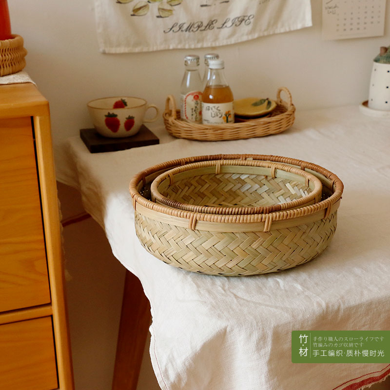 藤口+竹丨人气竹子手工编客餐厅杂物桌面装饰收纳筐子高矮圆形篓