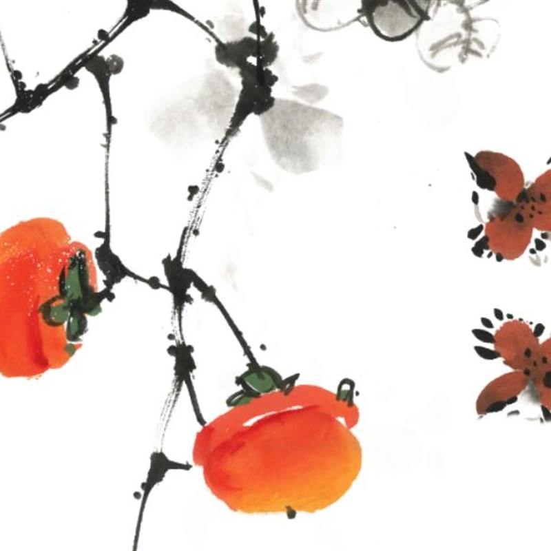 万事如意现代中式花鸟挂画竖版玄关柿子图国画水墨山水画微喷画心