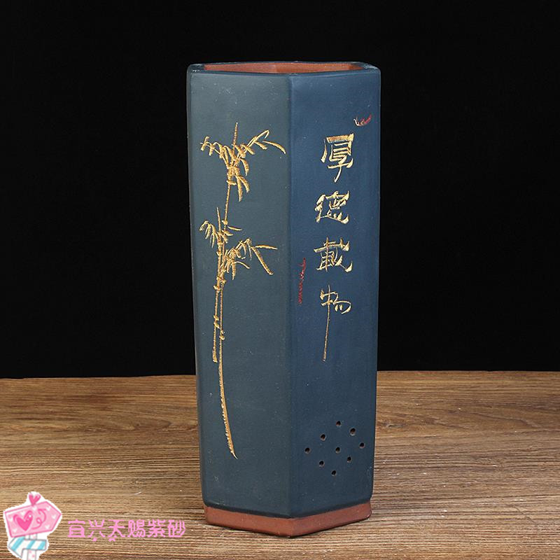 宜兴紫砂花盆高直筒精品六方透气中国风兰花盆绿植花卉盆手工刻绘