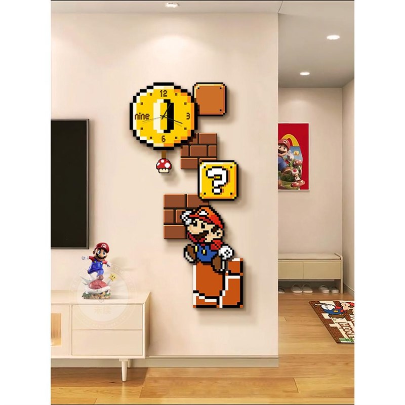 卡通马里奥玄关装饰画带钟表挂钟客厅电视背景墙壁画走廊过道挂画图片