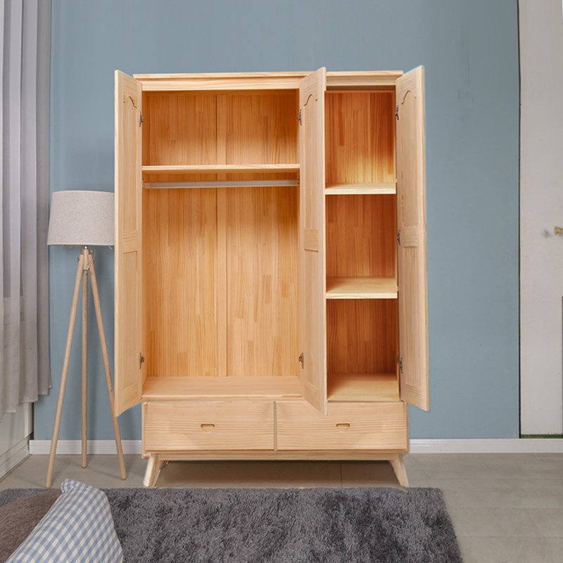 松木衣柜现代简约原木质简易组装衣柜衣橱柜子家用卧室全实木衣柜
