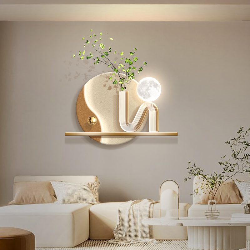 奶油风客厅实物绿植装饰画沙发背景墙立体led氛围灯挂画发光壁画