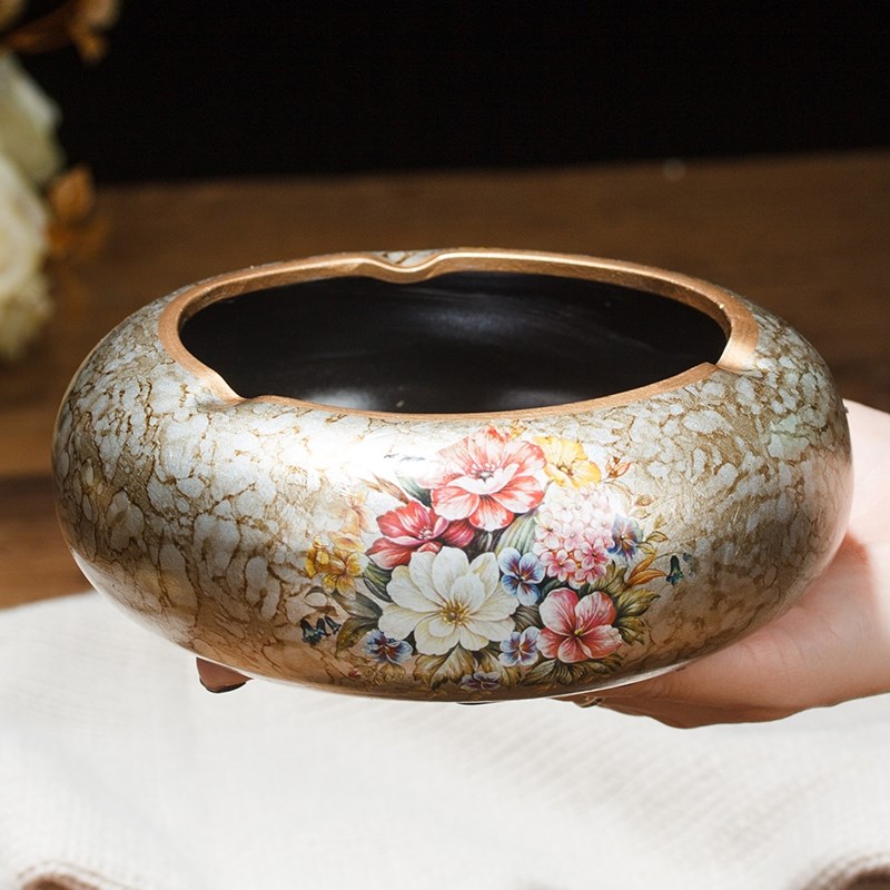 欧式复古陶瓷大号带盖烟灰缸现代创意奢华客厅装饰茶几 摆件