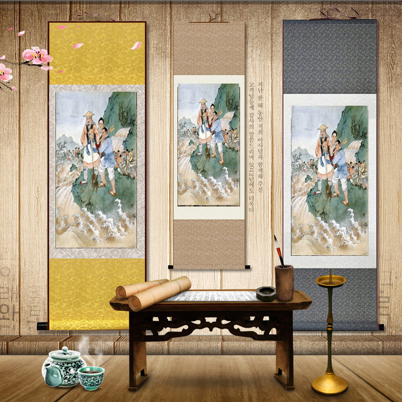 大禹治水丝绸卷轴国画 古代人物装饰挂画 大禹国画 定制