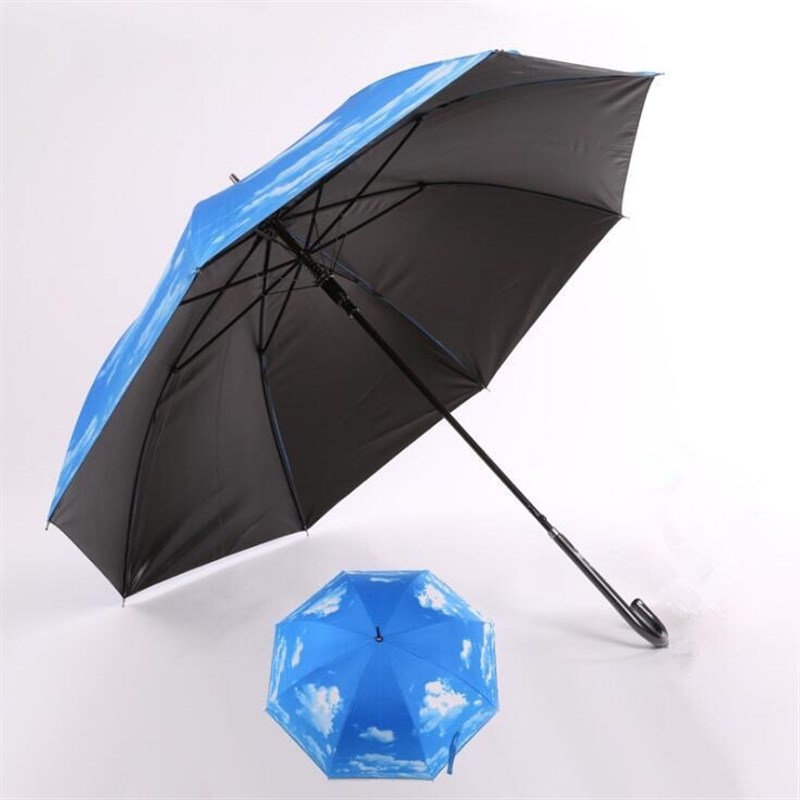 新款日商定制创意晴雨两用蓝天白云遮阳伞自动直杆弯柄黑胶太阳伞