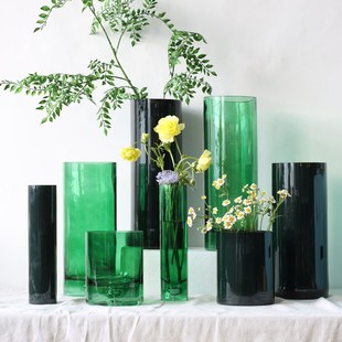 厚底泡绿色玻璃瓶大号富贵竹水养插圆形直筒婚礼客厅