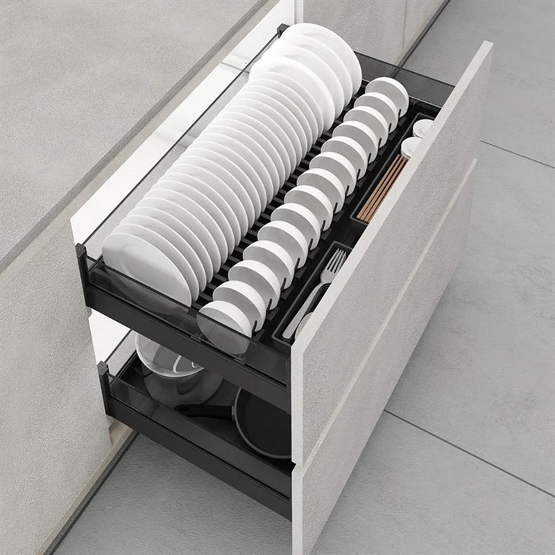 厨房橱柜拉篮抽屉式双层铝合金碗篮厨柜定制O碗碟篮调味篮缓冲导