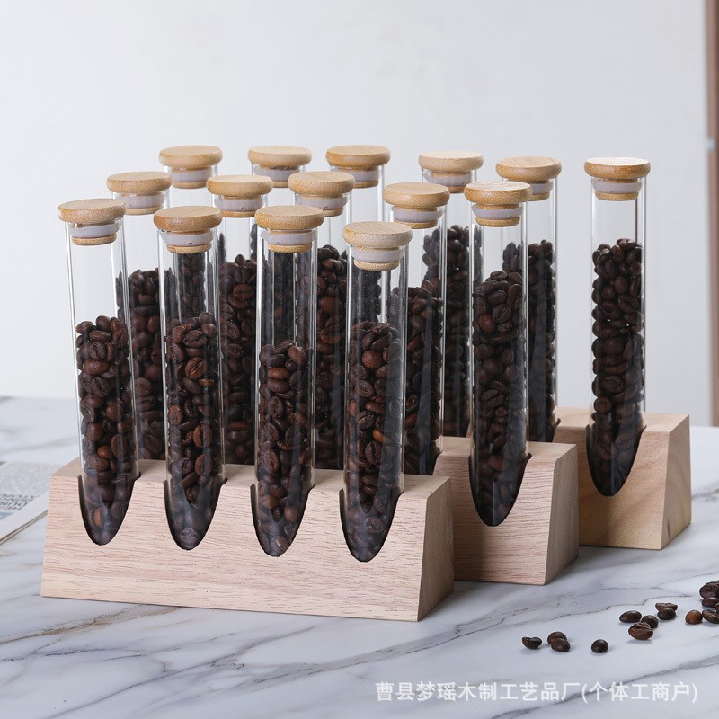 试管实木展c示架玻璃储物罐摆件创意收纳茶叶咖啡豆分类瓶木制底