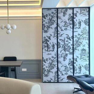 法式复古新中式黑白素描中古风花鸟人物 客厅卧室屏风无缝壁画布