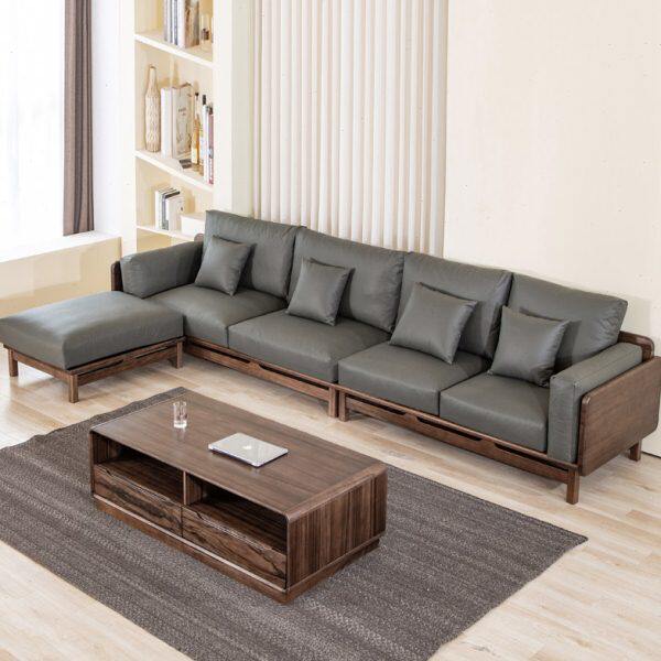 全实木沙发黑胡桃木贵妃真皮沙发简约现代北欧小户型转角客厅家具