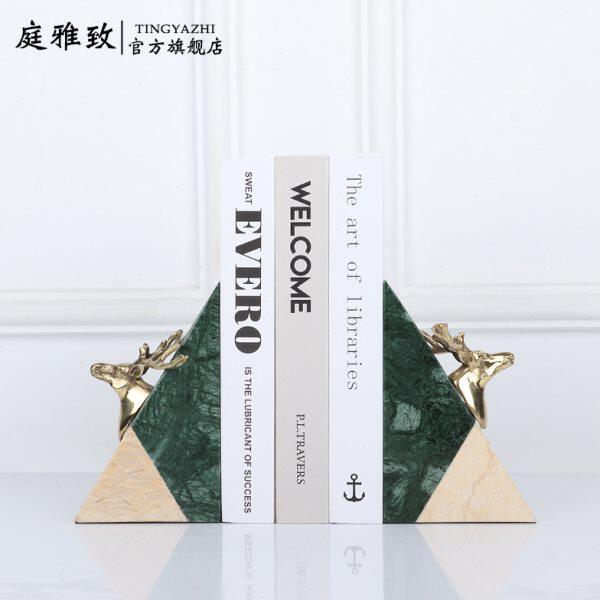 铜鹿头三角大理石书靠轻奢北欧创意书挡书夹办公室样板房书立摆件