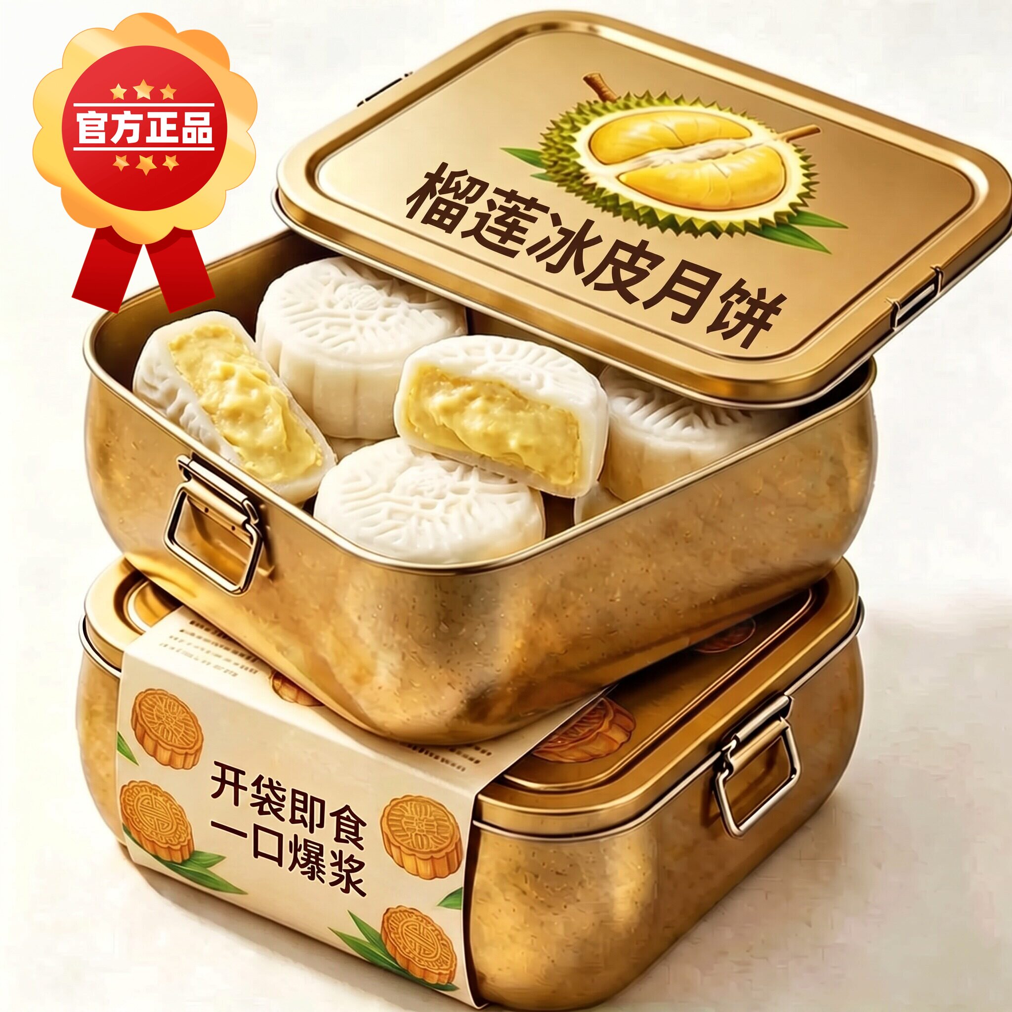 榴莲冰皮月饼广式爆浆榴莲味月饼奶黄流心蛋黄中式糕点心中秋送礼