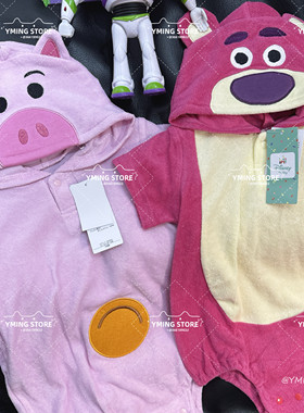 日单卡通玩具总动员草莓熊火腿猪连帽可爱造型宝宝爬服 连体衣