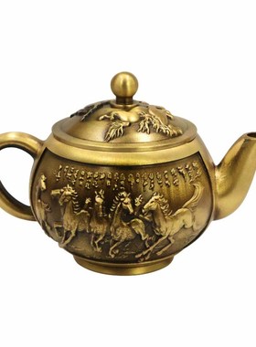 黄铜八骏马手把壶摆件小茶壶黄铜茶壶工艺品茶具百福侧把酒壶家用