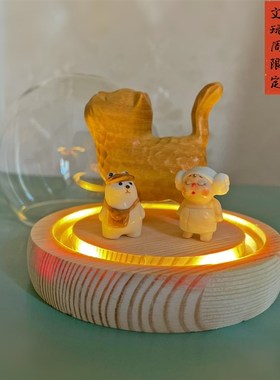 透明玻璃木头灯罩底座带灯电池款摆件展示台复古防尘罩氛围感礼物