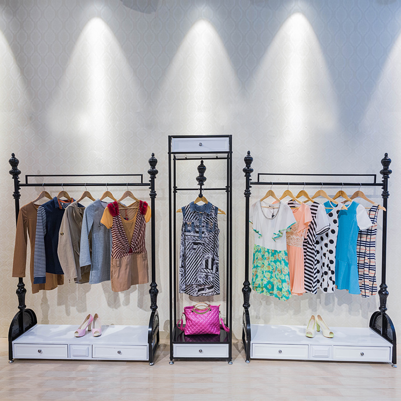 铁艺服装店落地式服装展示架带柜子正侧挂衣架中岛货架陈列架包邮