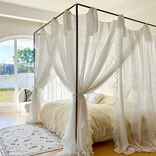 南法式 三开门 风加密宫廷落地蚊帐家用老式 1.8m床4柱子床幔绑带款